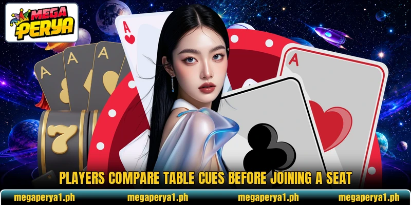 Players compare table cues before joining a seat Players compare table cues before joining a seat