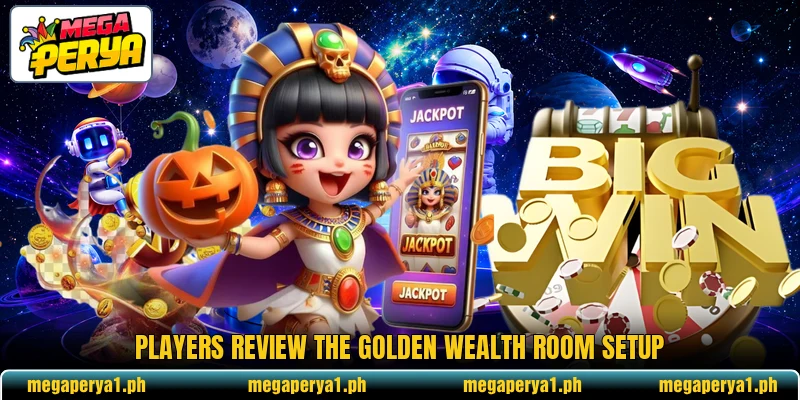 Players review the Golden Wealth room setup Players review the Golden Wealth room setup
